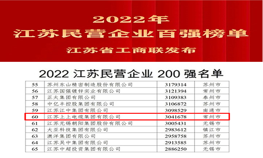 cq9电子官网入口电缆荣登2022年江苏民企百强三大榜单